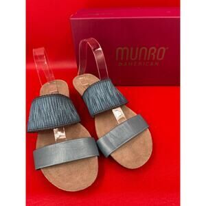 Munro Riviera Two Strap Slide Wedge Blue Shimmer Sandals Size 10 1/2 Wide W/Box